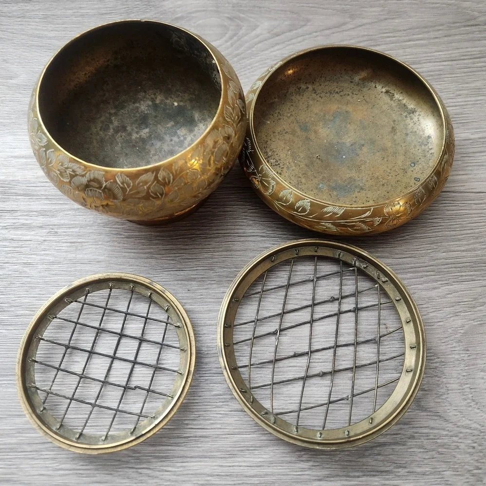 Vintage Etched Brass Rose Bowl Set with‎ Engraved Flowers Frog Mesh Insense Bowl